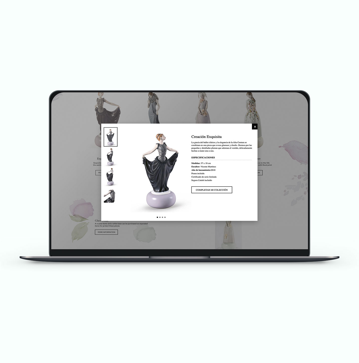 Vista del modal para ver detalles de cada figura de la colección, con carrusel de imágenes y botón de compra