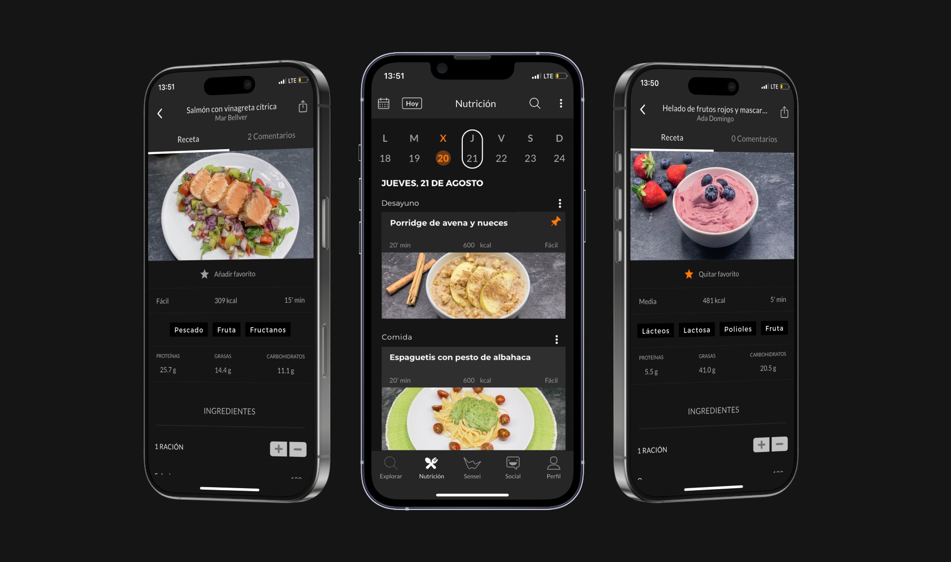 Nueva sección de Nutrición en mobile, donde se puede ver pantalla principal del plan configurado con las recetas de un día en concreto, un menú de navegación por días de la semana, un buscador y un calendario. También se puede ver pantalla de dos recetas con la información nutricional de cada una, alérgenos, número de raciones, y macros