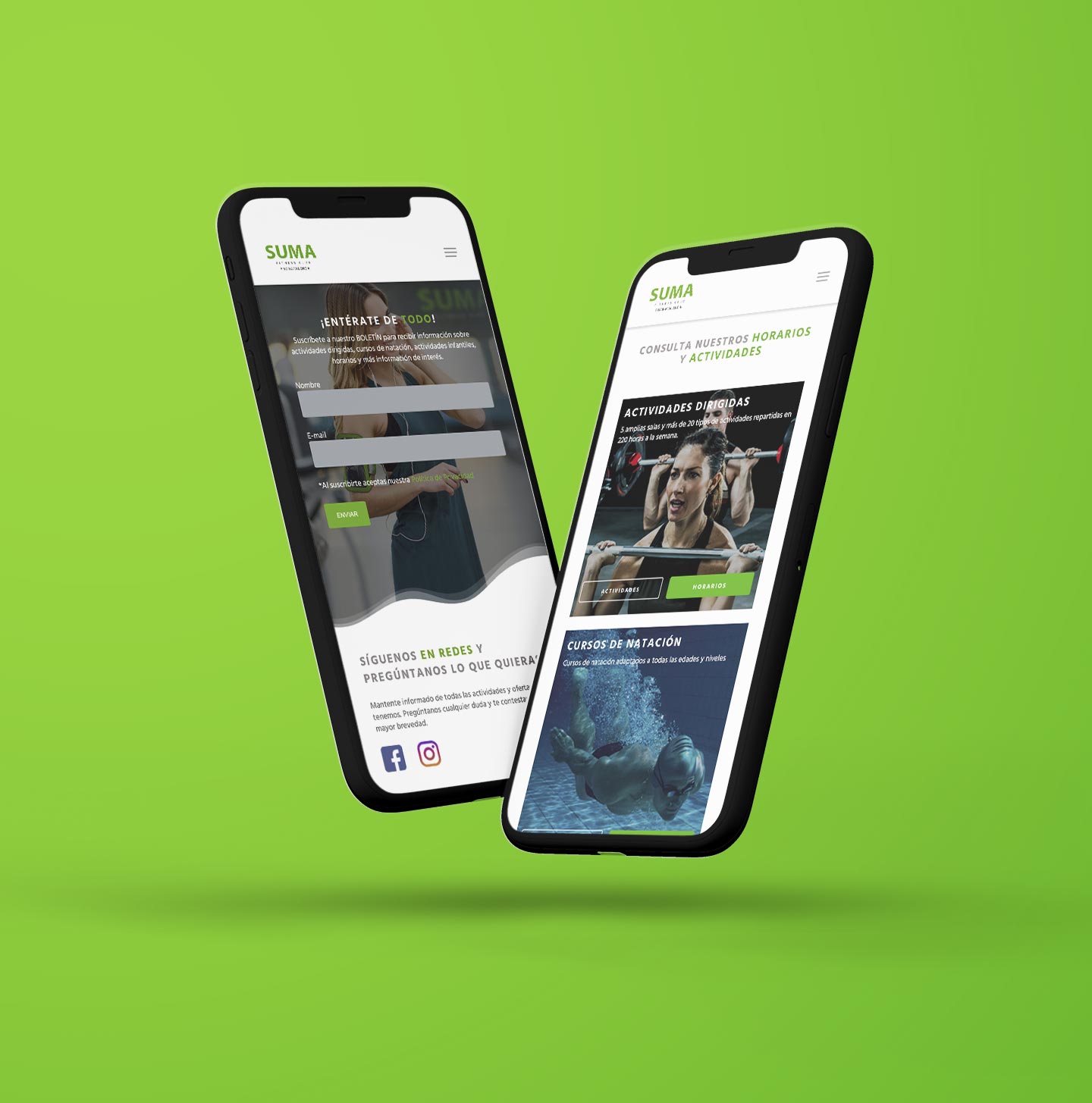 Dos móviles en perspectiva con la versión responsive del formulario de suscripción y los horarios de actividades de Suma Fitness Club - Piscina Valencia
