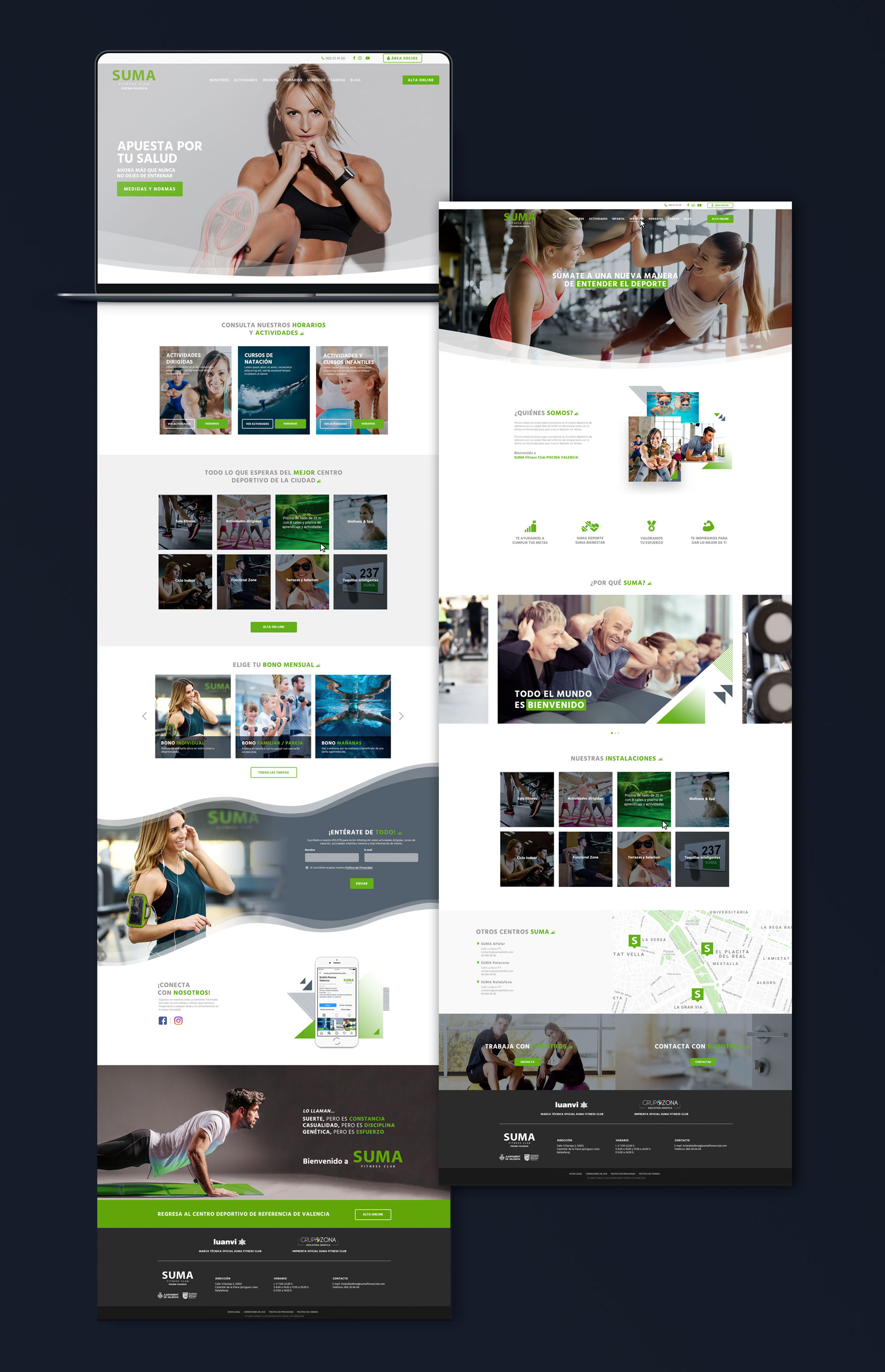 Página de inicio y la página de servicios de la web de Suma Fitness Piscina Valencia